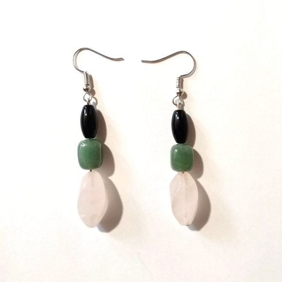 Rose Quartz, Onyx & Aventurine Earrings - Picture 1 of 2